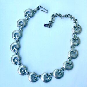 Vintage signed "Paluka" necklace, silver tone metal crescent moons. 1960s 1950s